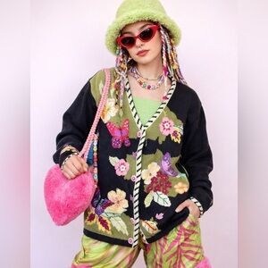 Handknit Vintage Butterflies and flowers beaded cardigan, handknit, cotton/wool